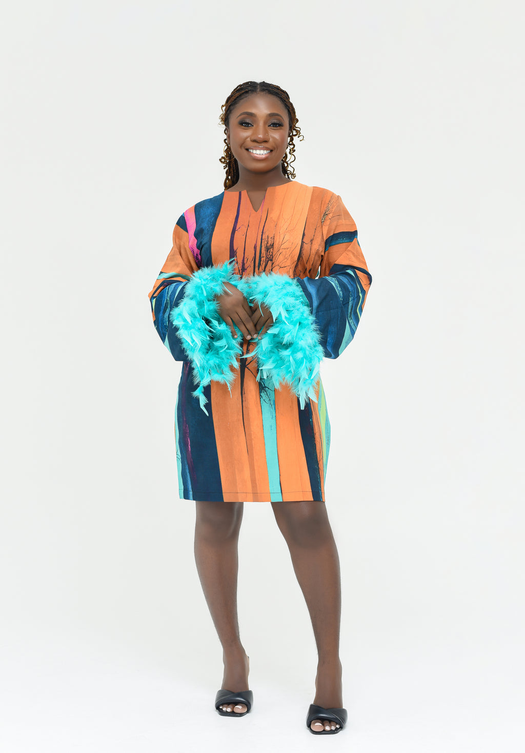 Colorful dress with turquoise feathered sleeves  | Nigerian Fashion| Roseline's Closet