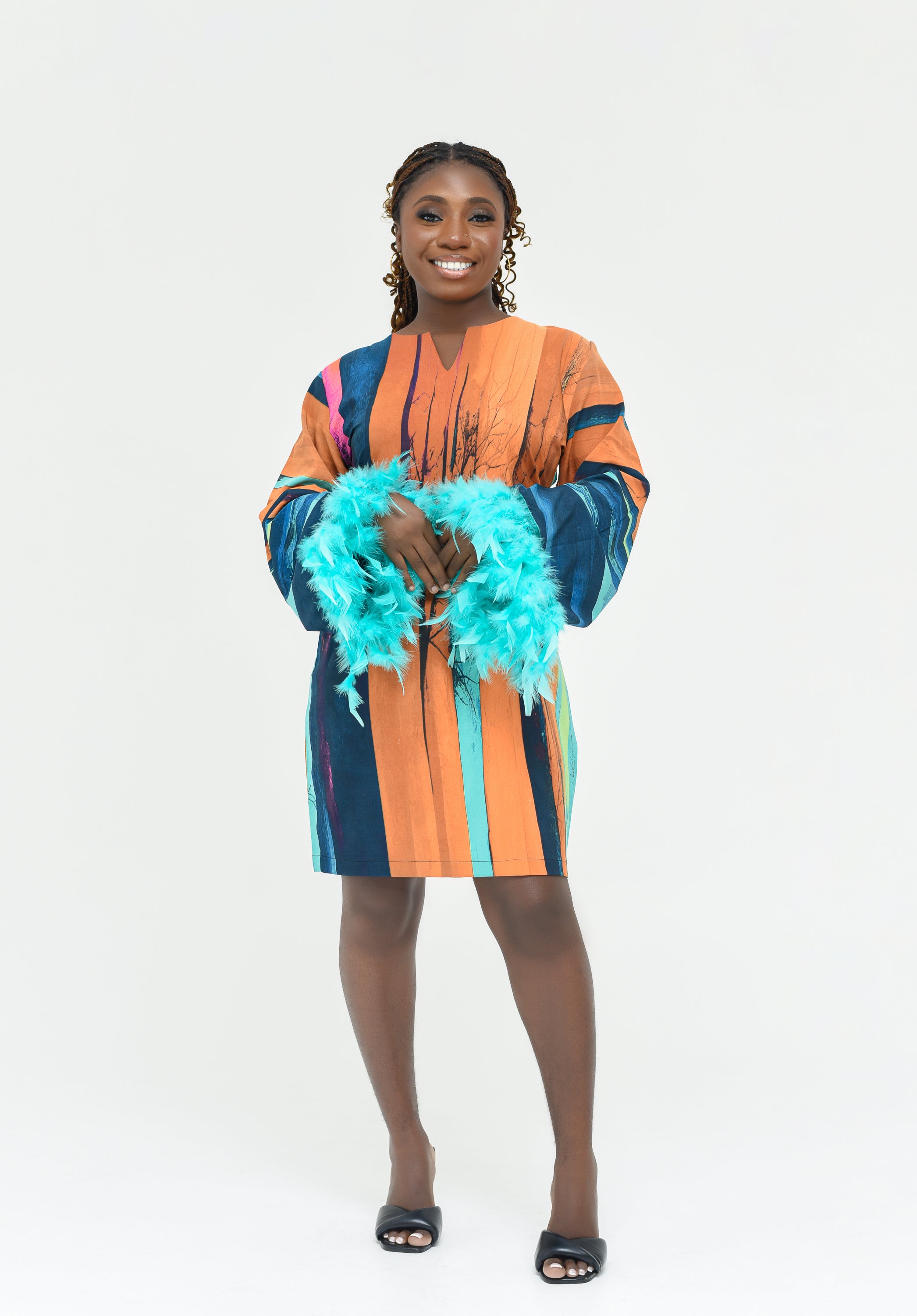 Colorful dress with turquoise feathered sleeves  | Nigerian Fashion| Roseline's Closet
