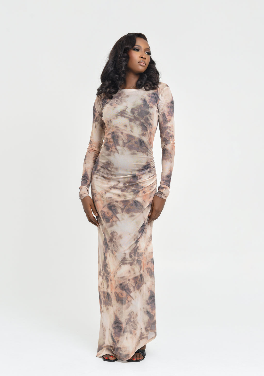 Neutral toned patterned mesh dress  | Nigerian Fashion| Roseline's Closet