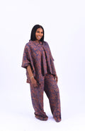 Adire kimono co-ord set in orange, brown and blue geometric print by Roseline's Closet
Women's Adire two-piece set with wide leg pants geometric colorway