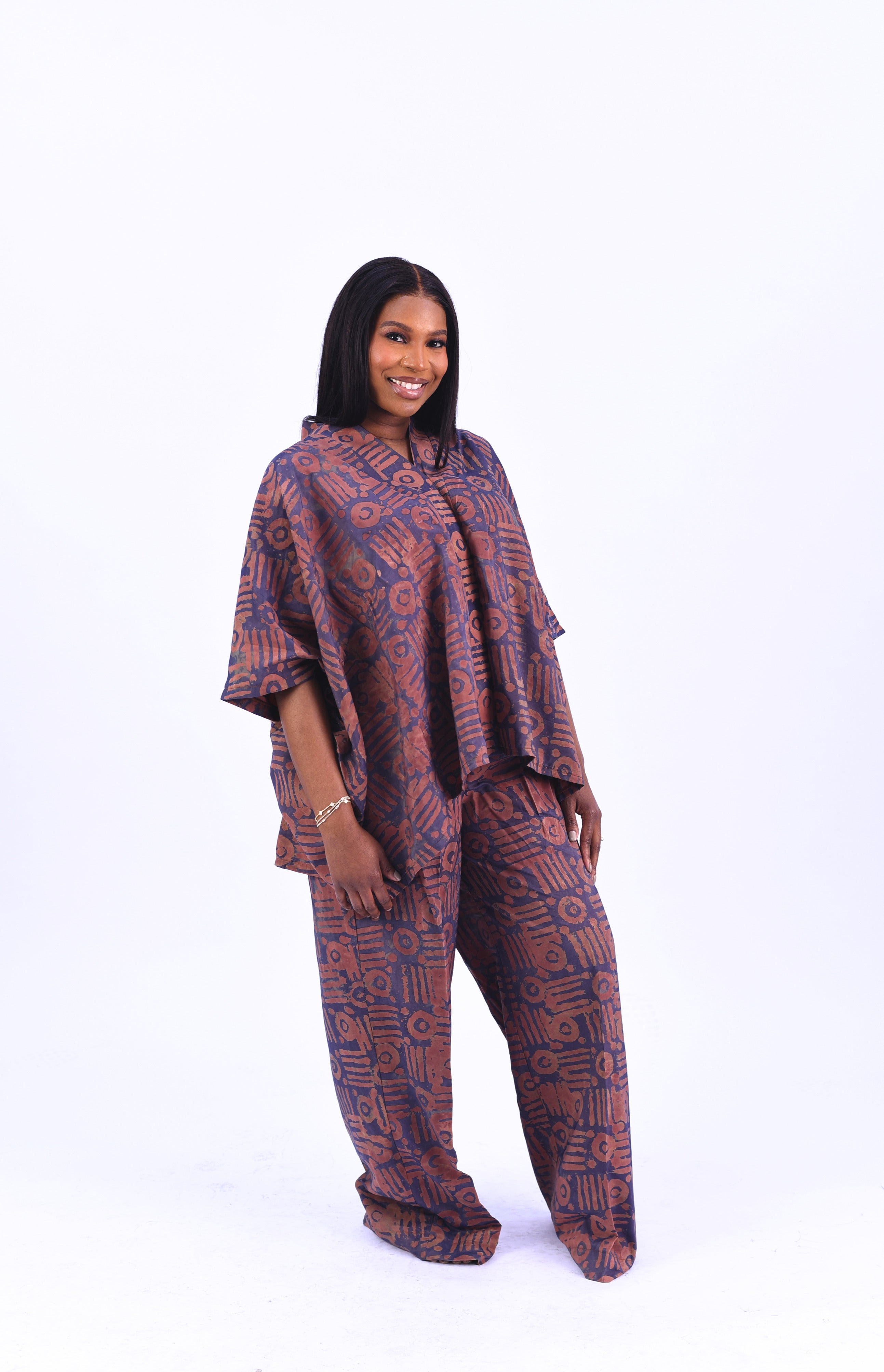 Adire kimono co-ord set in orange, brown and blue geometric print by Roseline's Closet
Women's Adire two-piece set with wide leg pants geometric colorway