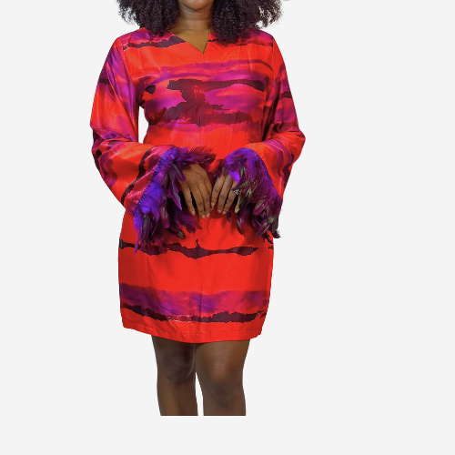 Orange and pink vibrant dress with purple feathered sleeves  | Nigerian Fashion| Roseline's Closet