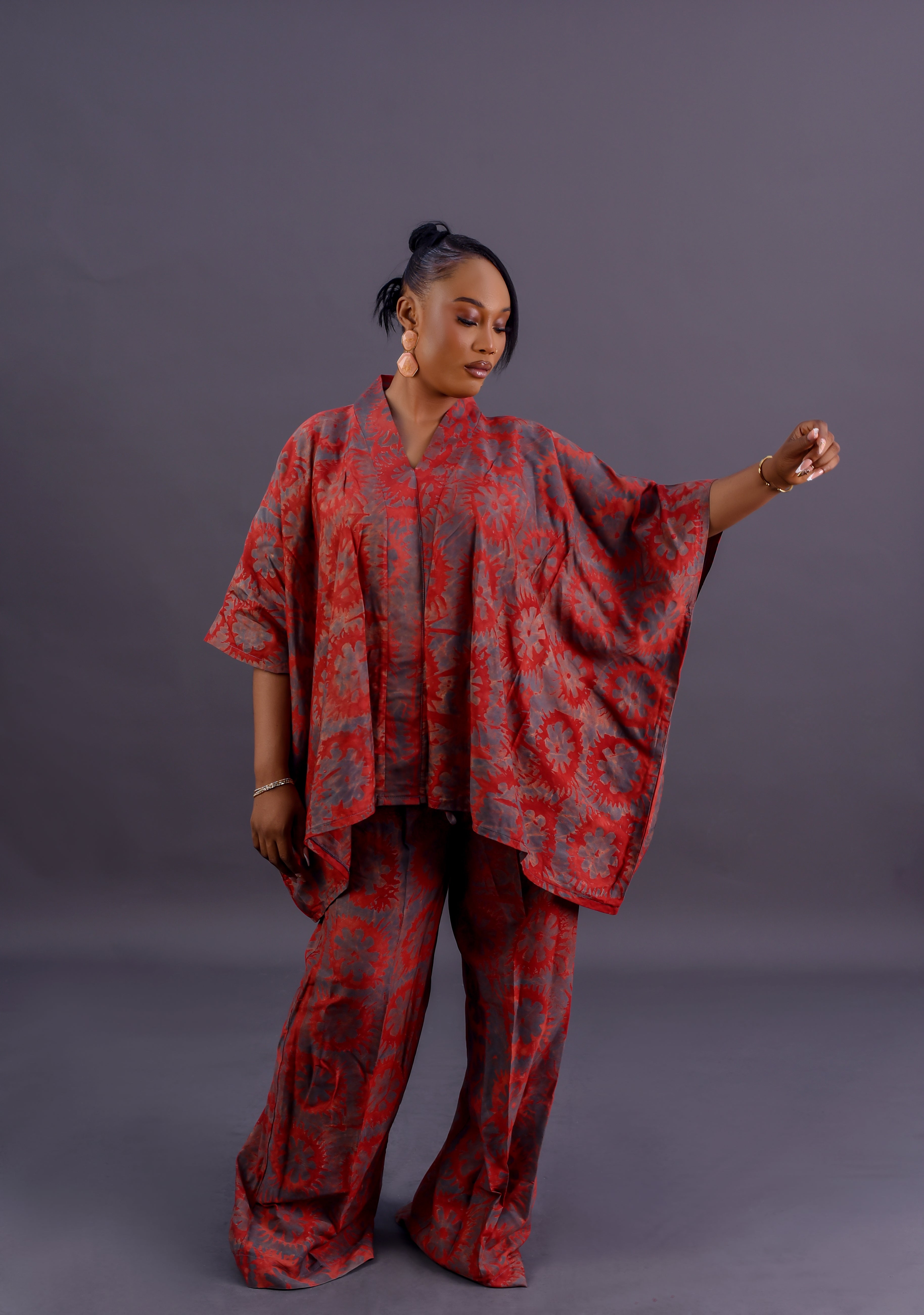 Adire kimono co-ord set in orange, brown and blue geometric print by Roseline's Closet
Women's Adire two-piece set with wide leg pants geometric colorway