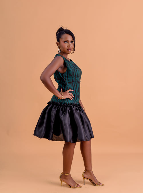 Adire bubble hem mini dress in forest green and black organza by Roseline's Closet
Women's African print mini dress with bubble skirt — green Adire cotton