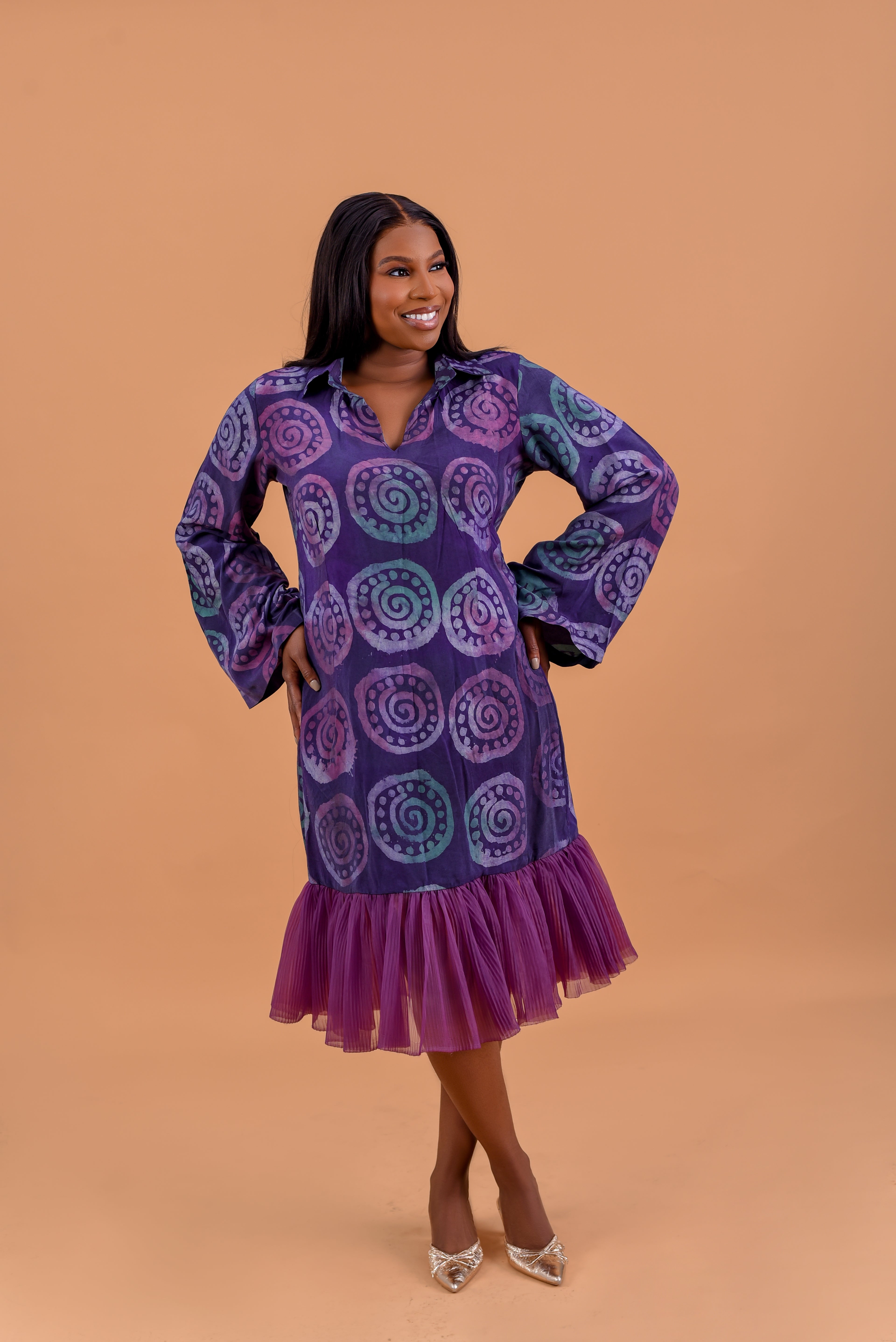 Adire purple midi dress with sunray pleats by Roseline's Closet
Women's cotton purple Adire midi dress casual and occasion wear"