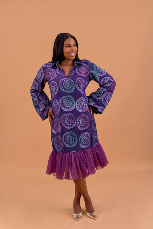 Adire purple midi dress with sunray pleats by Roseline's Closet
Women's cotton purple Adire midi dress casual and occasion wear"