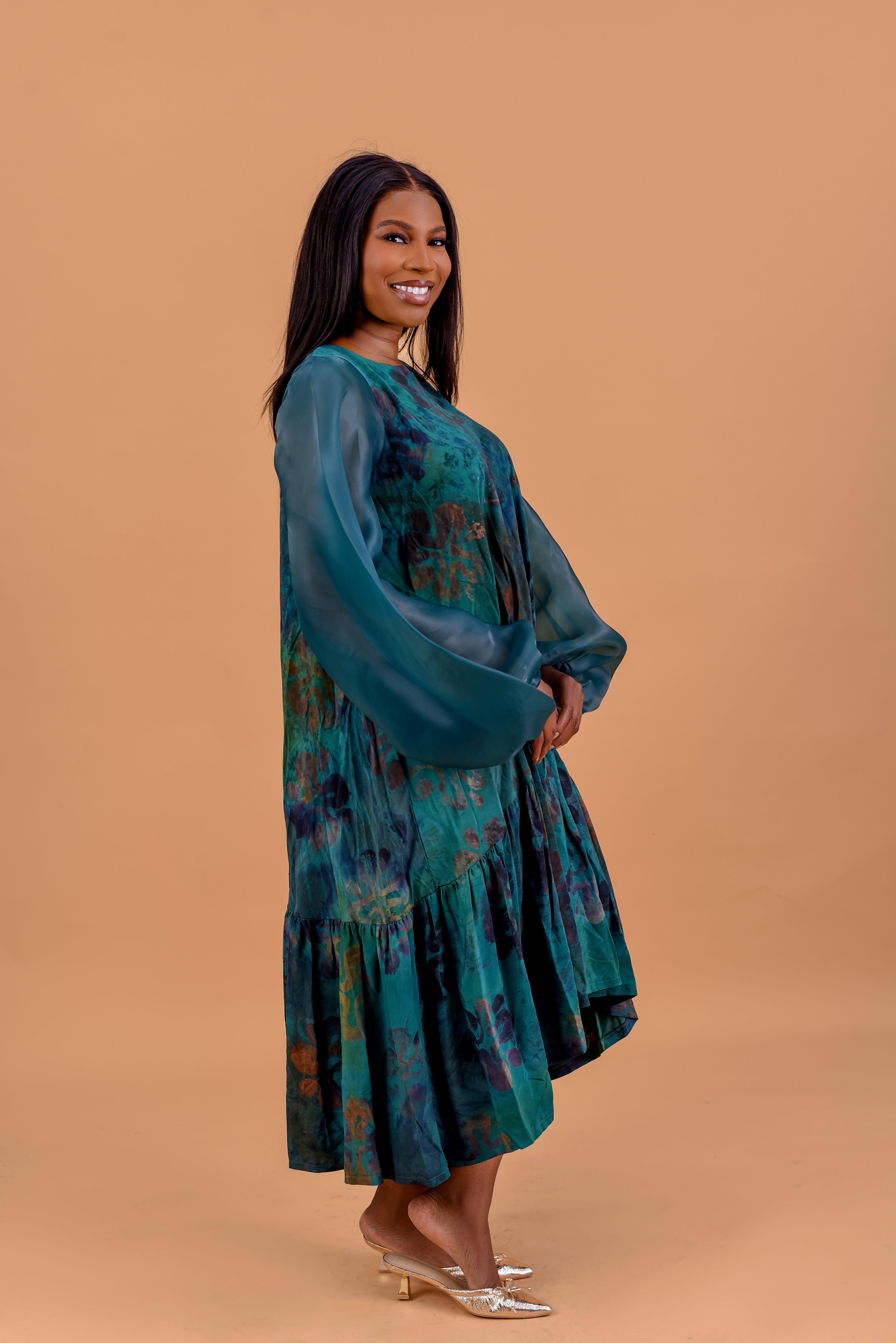 Adire Balloon Sleeve Midi Dress | Batik African Print Occasion