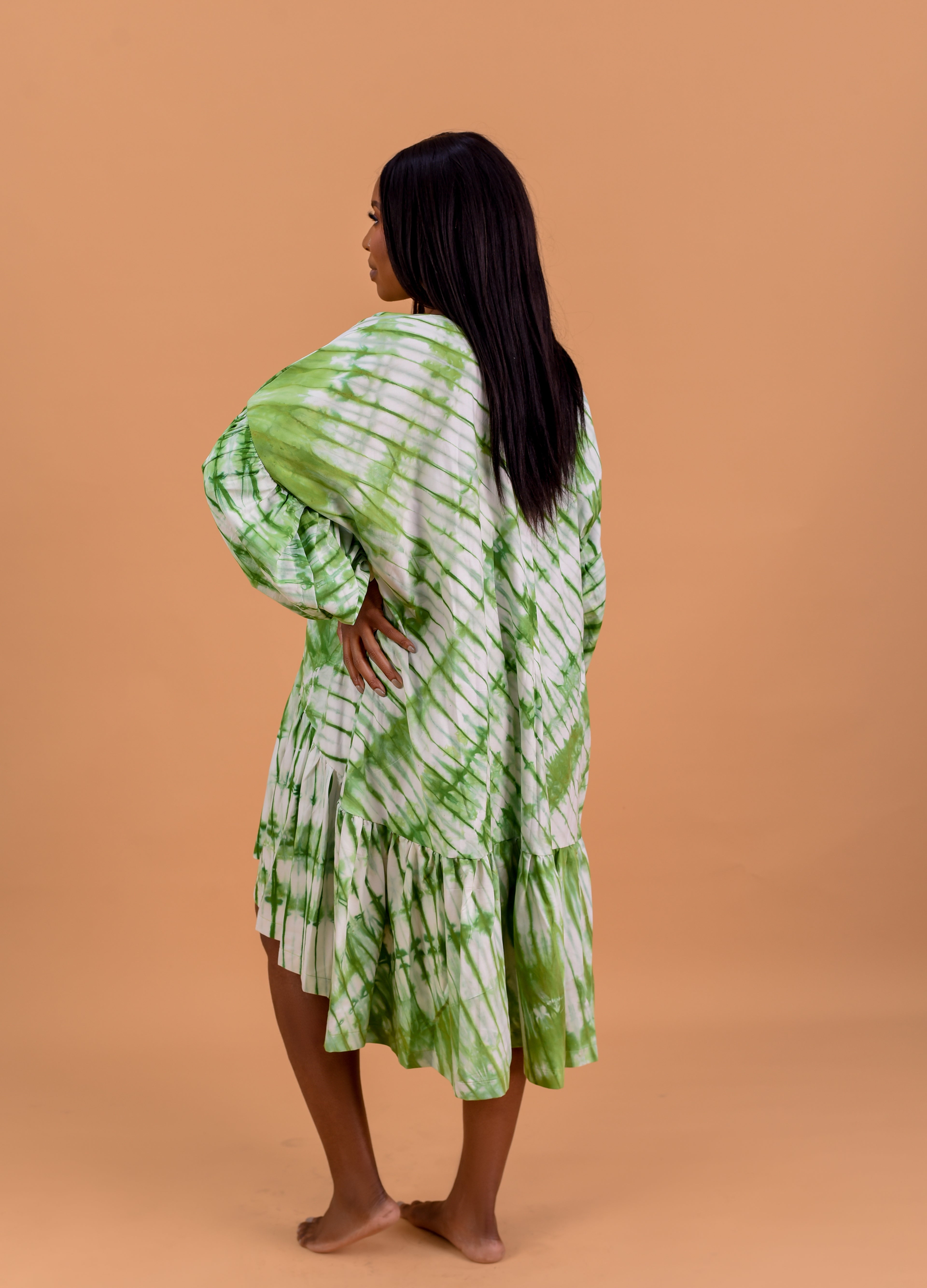 Adire balloon sleeve tiered mini dress in green and white tie-dye cotton by Roseline's Closet
Women's African print cotton mini dress with balloon sleeves and tiered skirt green Adire
