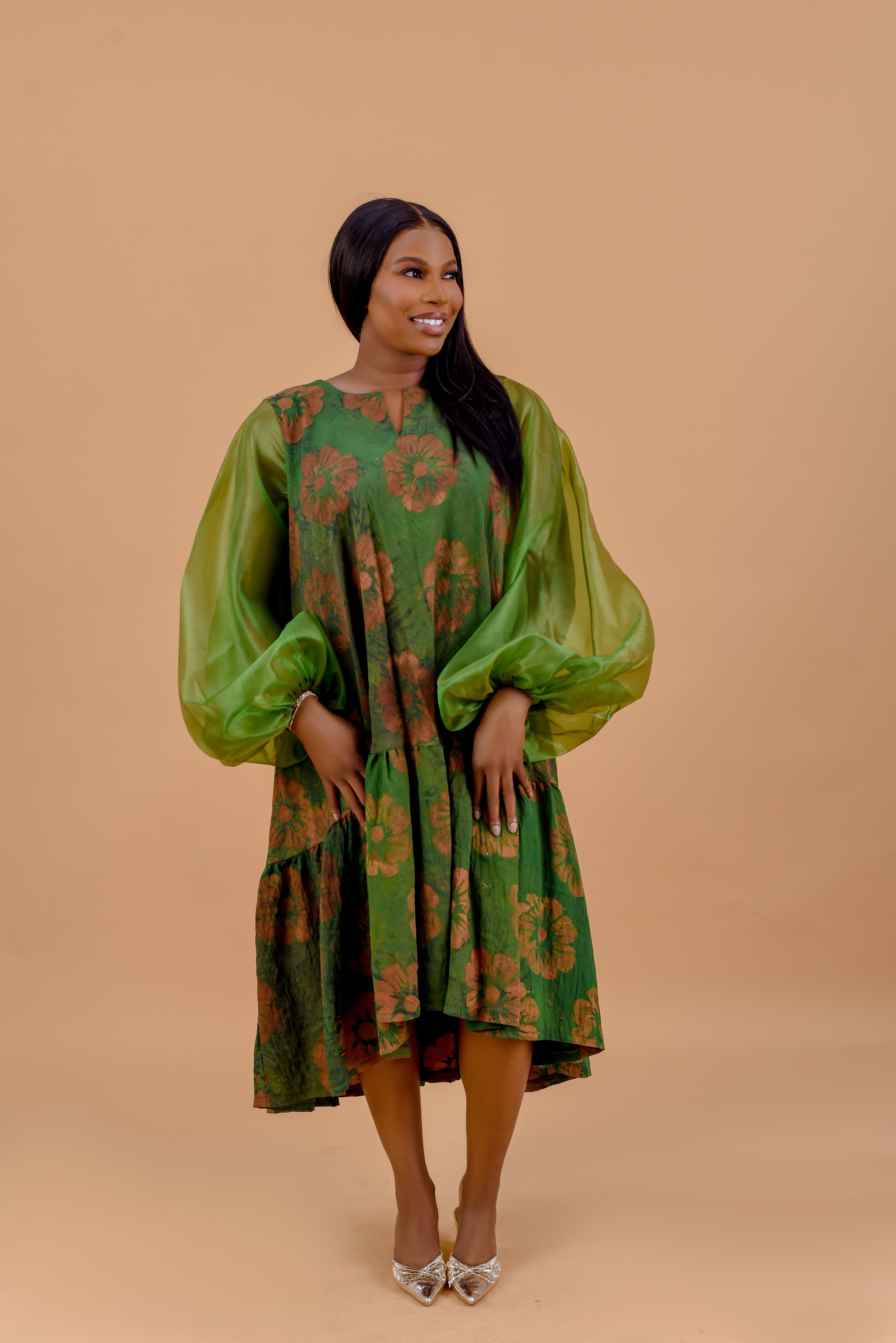 Adire floral balloon sleeve midi dress in olive green and terracotta Batik print by Roseline's Closet
Women's African print midi dress with oversized organza balloon sleeves  green floral Batik