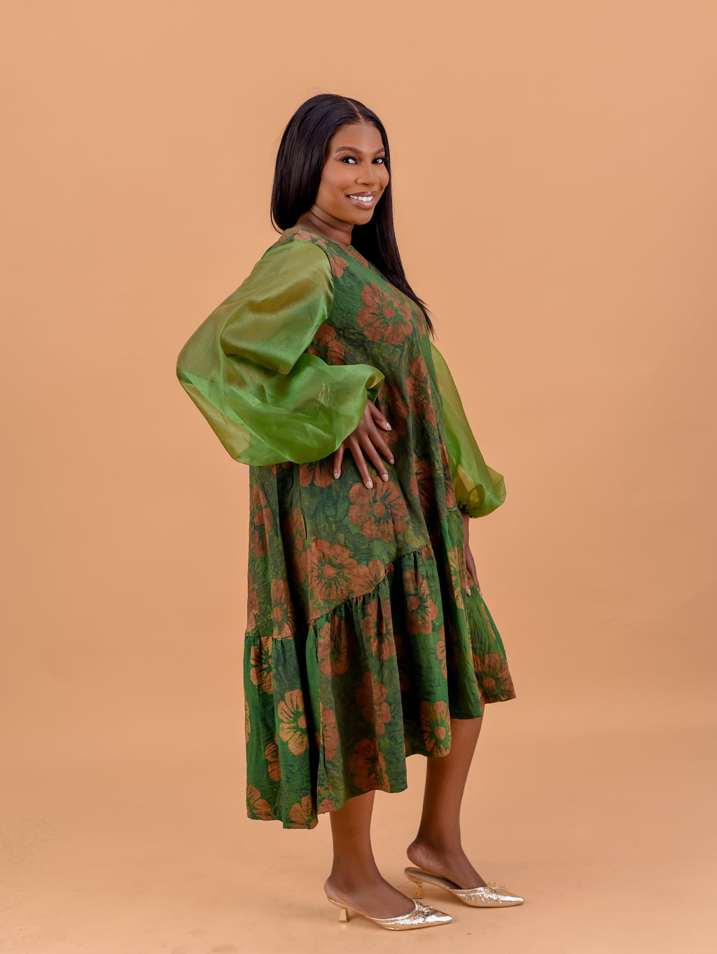 Adire floral balloon sleeve midi dress in olive green and terracotta Batik print by Roseline's Closet
Women's African print midi dress with oversized organza balloon sleeves  green floral Batik