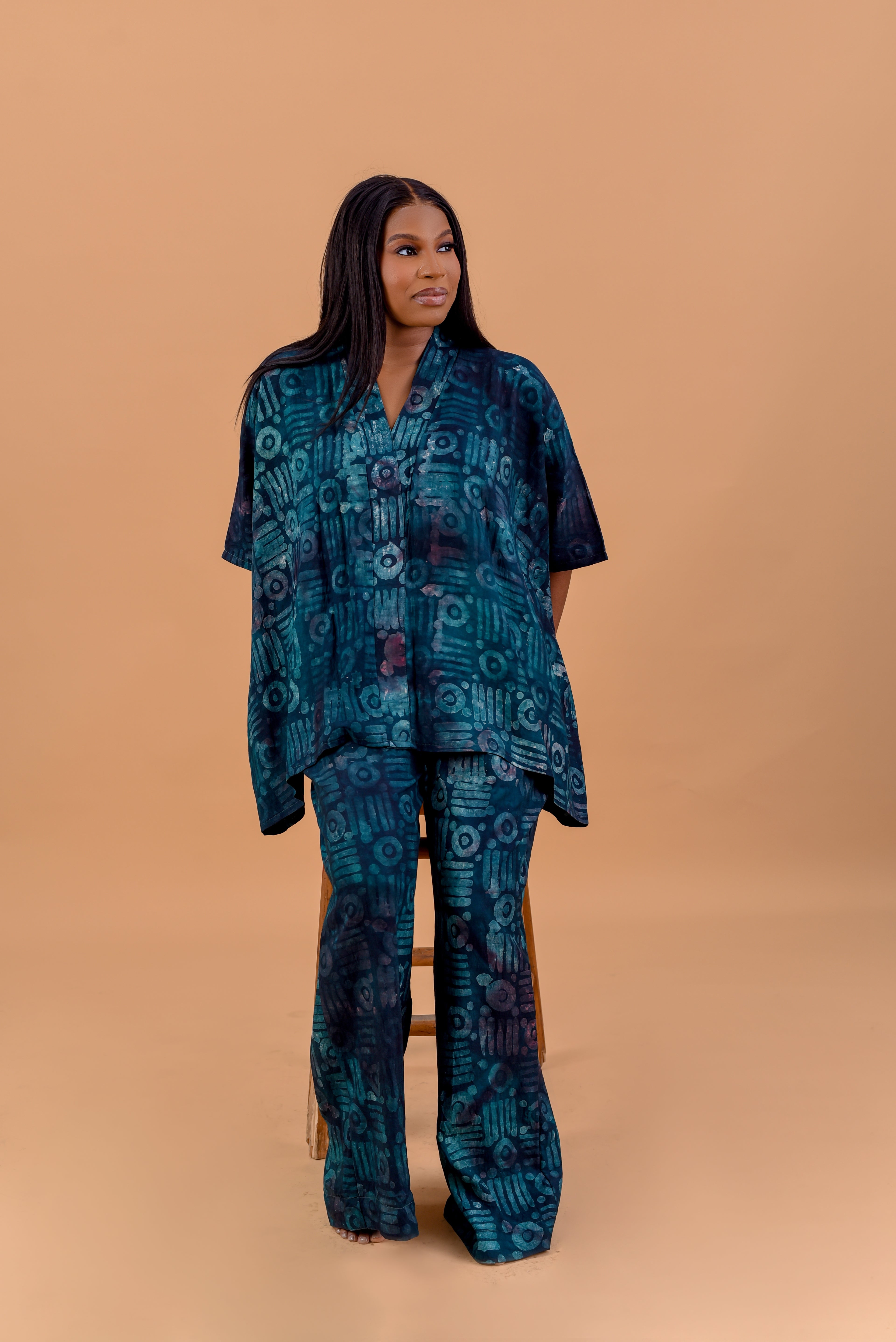 Adire kimono co-ord set in orange, brown and blue geometric print by Roseline's Closet
Women's Adire two-piece set with wide leg pants geometric colorway