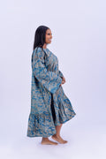 Adire balloon sleeve tiered maxi dress in teal and gold spiral print cotton by Roseline's Closet
Women's African print maxi dress with long balloon sleeves and tiered ruffle hem teal Adire