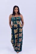 Adire spaghetti strap wide leg jumpsuit in forest green and terracotta floral print by Roseline's Closet
Women's African print cotton jumpsuit with wide leg and side pockets  green Adire floral
