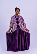 Adire pleated kaftan maxi dress in royal purple tie-dye with floor-length pleated skirt by Roseline's Closet