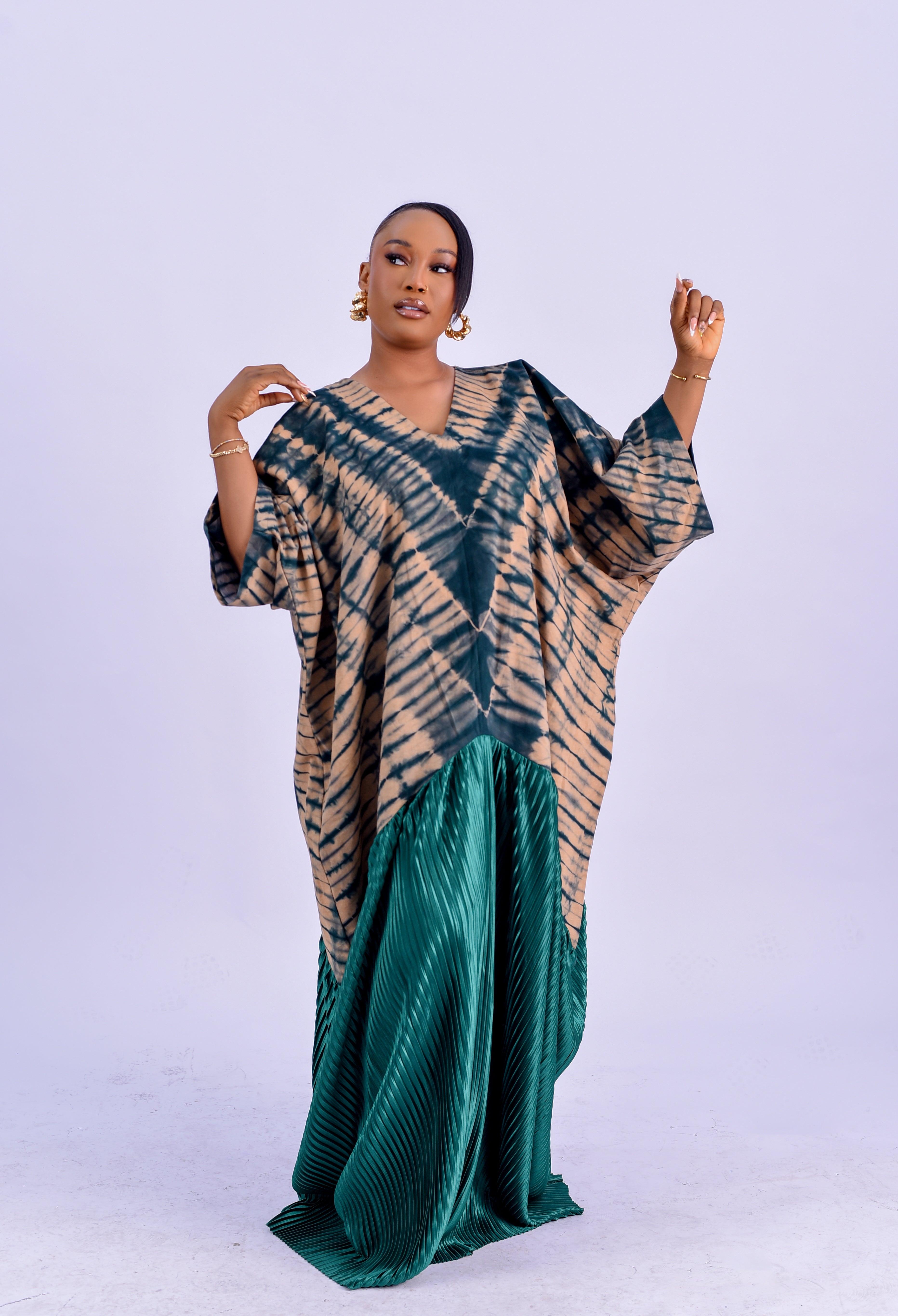 Adire pleated kaftan maxi dress in forrest green tie-dye with floor-length pleated skirt by Roseline's Closet"